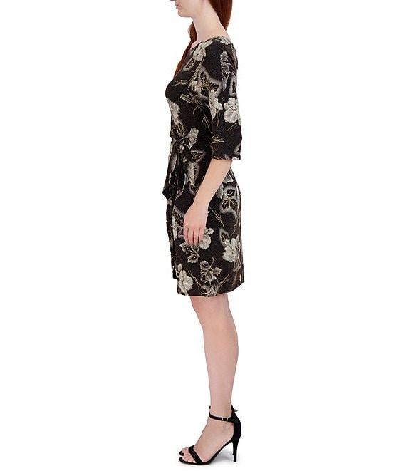 Robbie Bee 3/4 Sleeve Round Neck Floral Print Metallic Sheath Dress Product Image