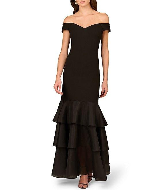 Aidan Mattox Bonded Crepe Off The Shoulder Neck Cap Sleeve Ruffle Tiered Organza Sheath Dress Product Image