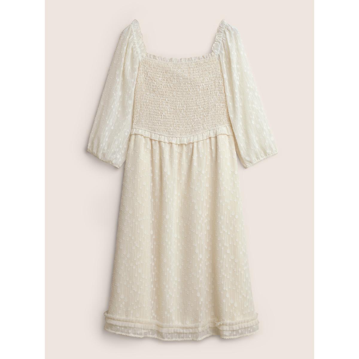 Plus Size Chiffon Shirred Mesh Frill Trim Pocket Dress Apricot Women Elegant Elastic cuffs Square Neck Long Sleeve Curvy Knee Dress BloomChic 10/M Product Image