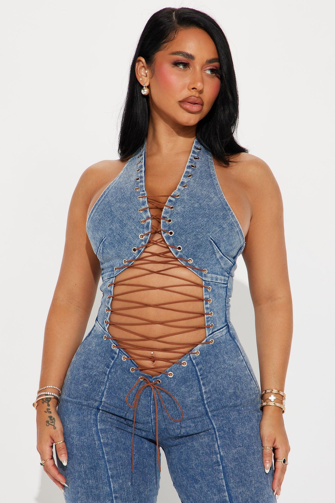 Capri Denim Washed Jumpsuit - Medium Wash Product Image