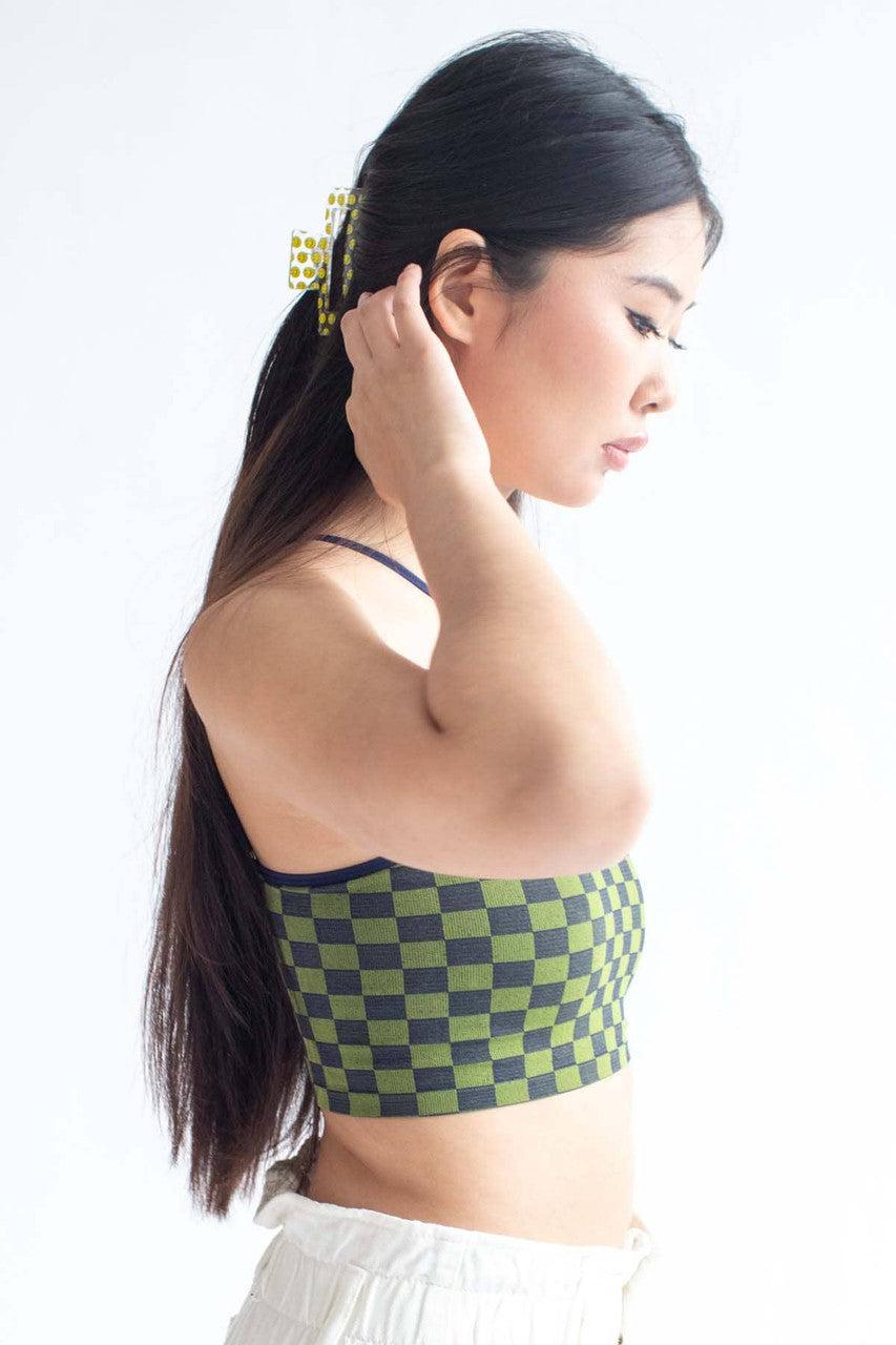 Green Checkered Seamless Y Neck Crop Cami Product Image