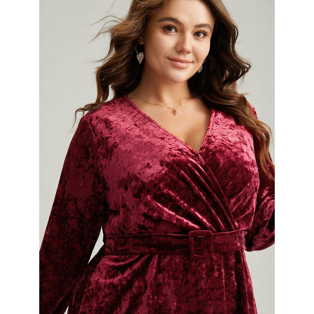 Plus Size Scarlet Velvet Overlap Collar Elastic Waist Buckle Detail Blouse Women Glamour Long Sleeve Overlap Collar Festival-Christmas Blouses BloomChic 12/L Product Image