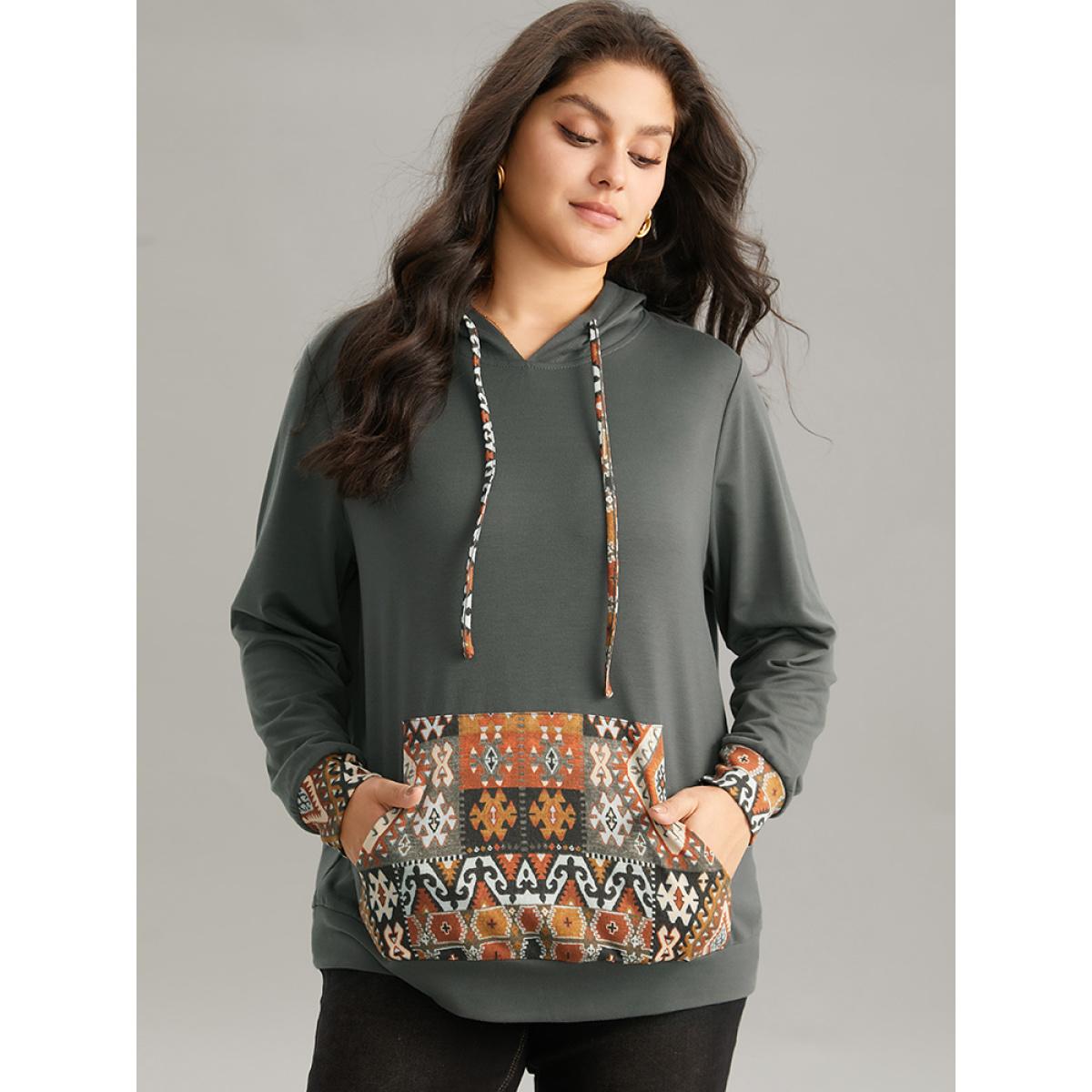 Plus Size Bandana Patchwork Hooded Pocket Drawstring Sweatshirt Women DimGray Elegant Patchwork Hooded Dailywear Sweatshirts BloomChic 26/4X Product Image