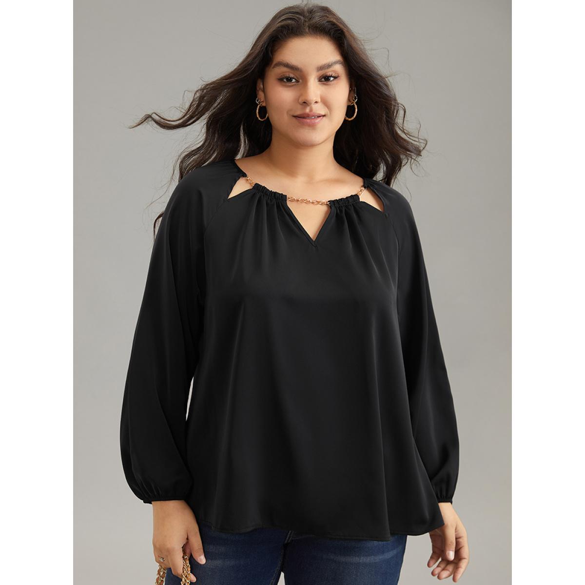 Plus Size Black Static-Free Chain Detail Cut Out Raglan Sleeve Blouse Women Office Long Sleeve Round Neck Office Blouses BloomChic 10/M Product Image