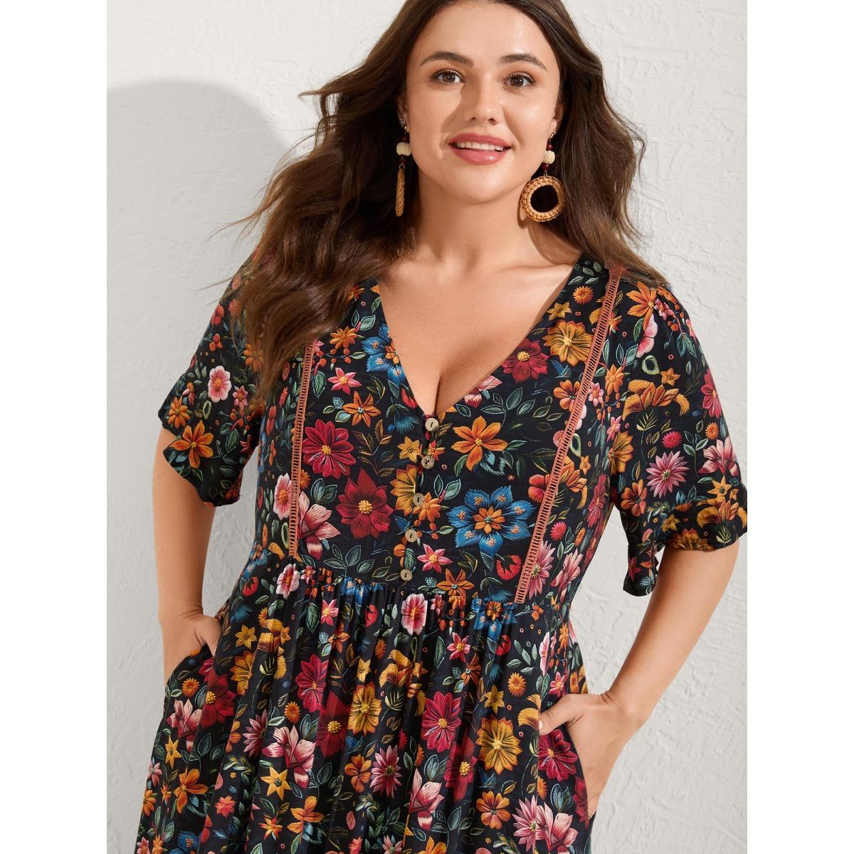 Plus Size Rayon Floral Lace Trim Button Maxi Dress Black Women Boho V-neck Half Sleeve Curvy BloomChic 30/6X Product Image
