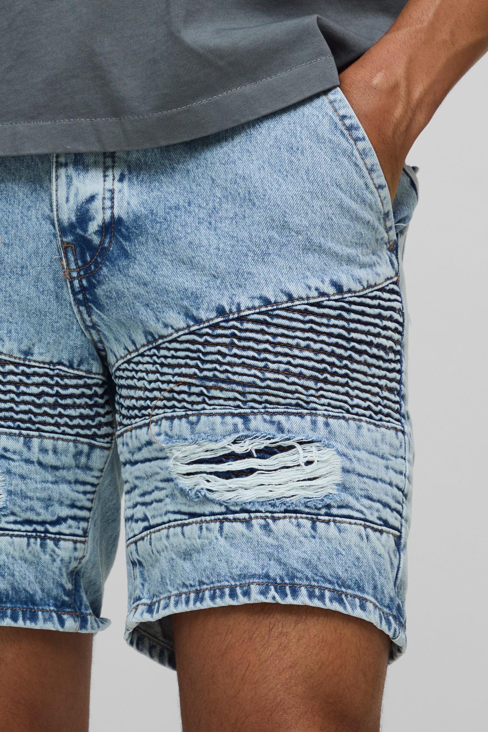 Slim Fit Ripped Biker Ice Blue Denim Shorts | boohooMAN USA Product Image