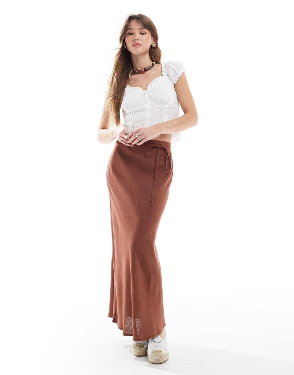 ASOS DESIGN linen blend bias midi skirt in brown Product Image