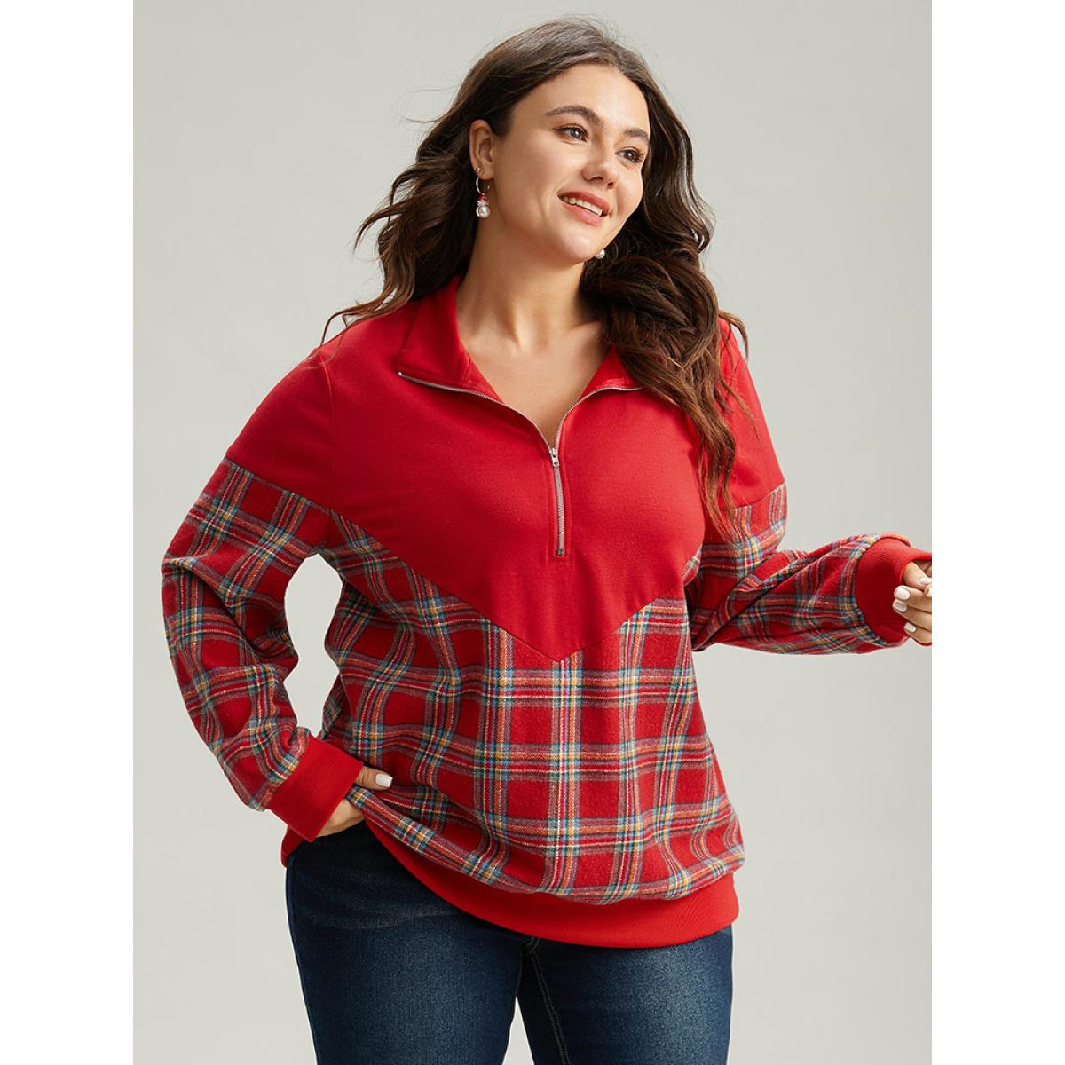 Plus Size Plaid Patchwork Zipper Lapel Collar Sweatshirt Women Red Casual Elastic cuffs Lapel Collar Festival-Christmas Sweatshirts BloomChic 14-16/1X Product Image