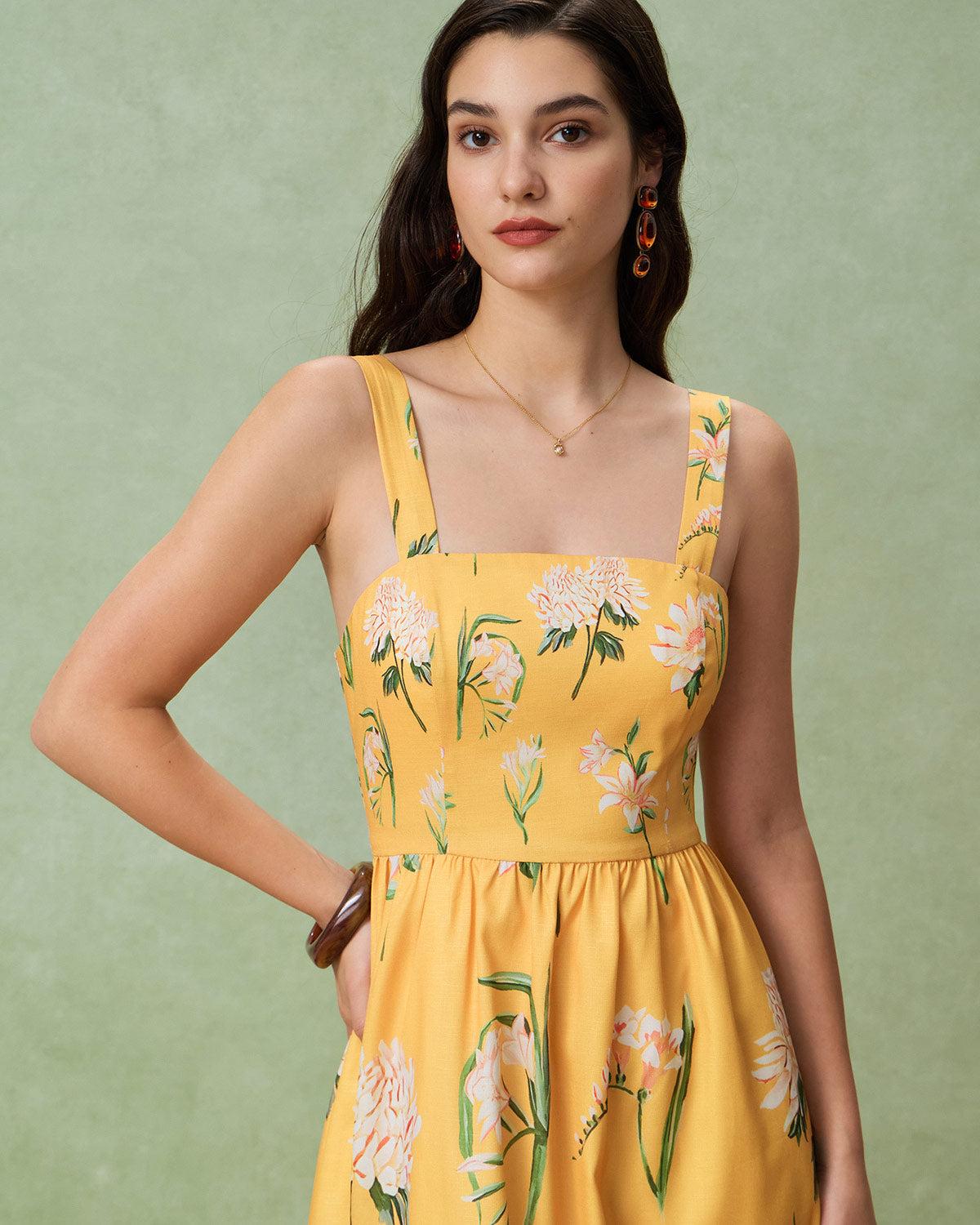 Yellow Floral A-Line Slip Midi Dress Product Image