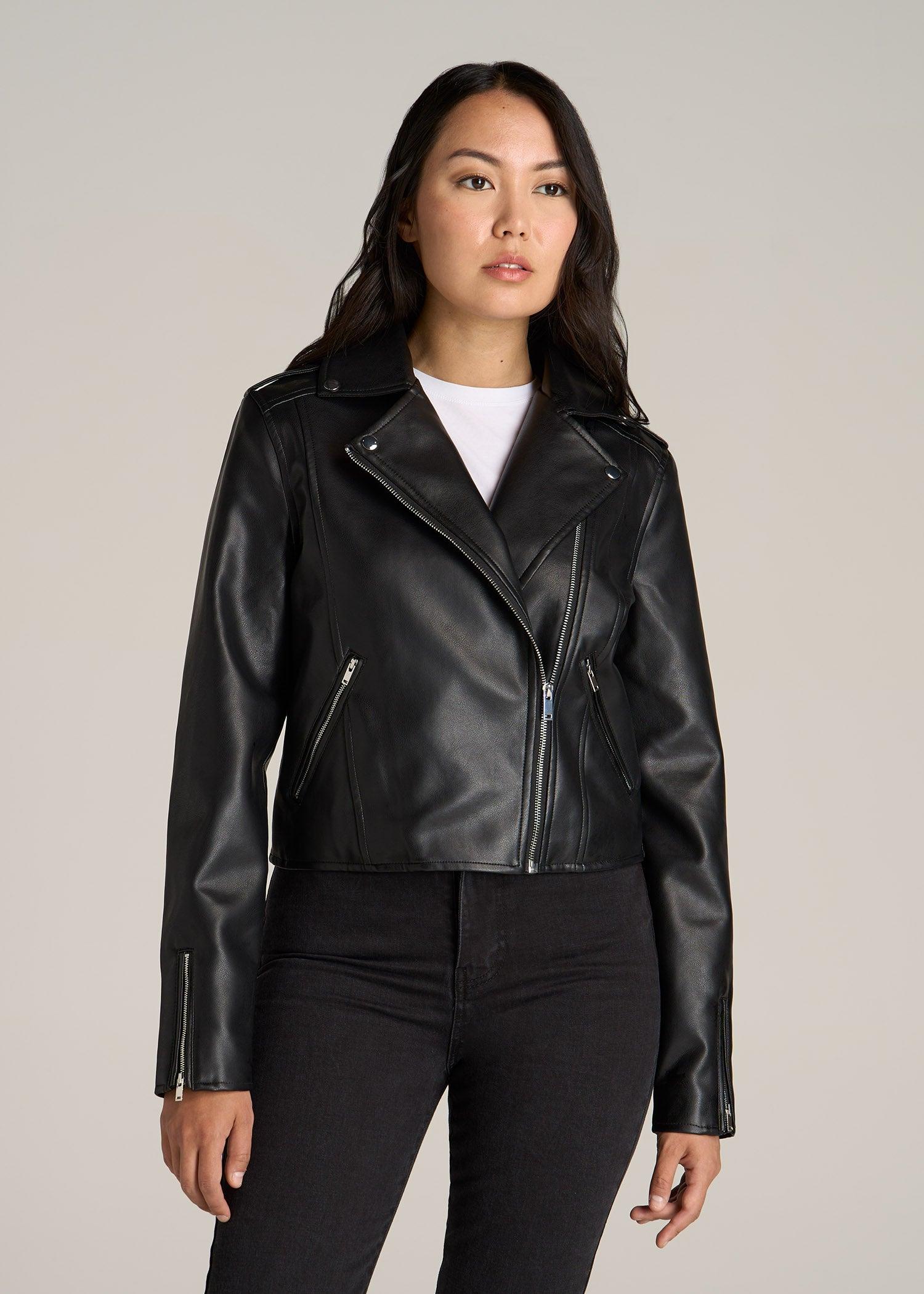 Cropped True Touch Leather Moto Jacket for Tall Women in Black Female Product Image