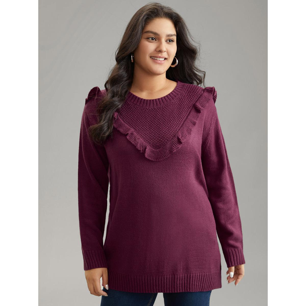 Plus Size Solid Flutter Trim Plisse Loose Pullover Burgundy Women Casual Loose Long Sleeve Round Neck Dailywear Pullovers BloomChic 28/5X Product Image