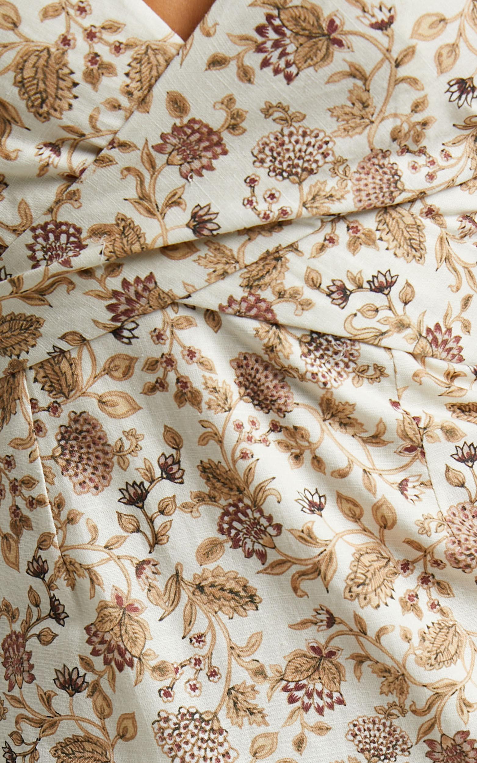 Amalie The Label - Mariella Linen Look Blend Gathered Cross Front Open Back Midi Dress in Maya Floral Product Image