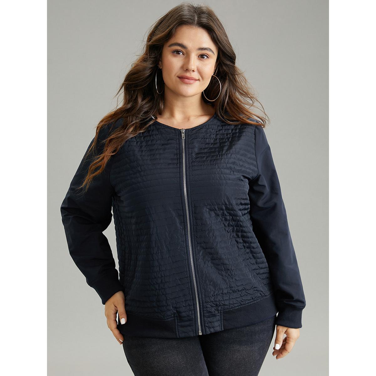 Plus Size Plisse Zipper Fly Rib Knit Jacket Women Indigo Rib Knit Everyday Jackets BloomChic 30/6X Product Image