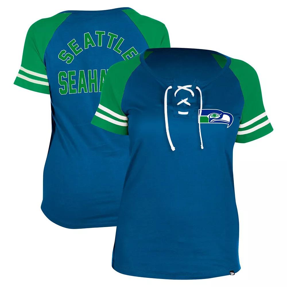 Women's New Era Royal Seattle Seahawks Throwback Lace-Up Raglan T-Shirt,  Product Image