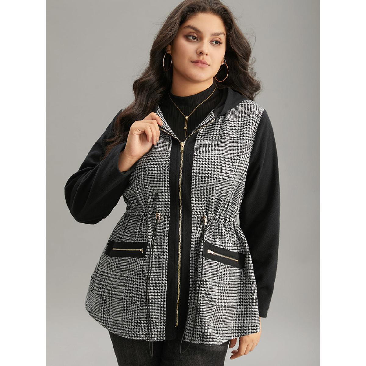 Plus Size Houndstooth Patchwork Zipper Drawstring Coat Women Gray Casual Lined Ladies Everyday Winter Coats BloomChic 26/4X Product Image