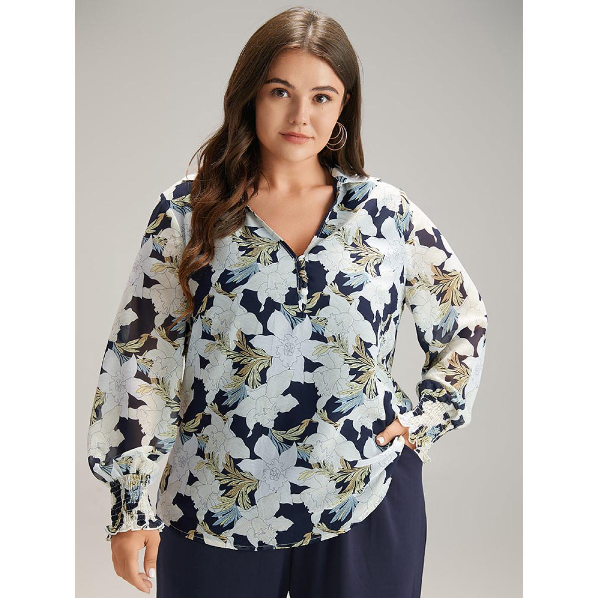 Plus Size DarkBlue Chiffon Silhouette Floral Print Shirred Frill Trim Blouse Women Elegant Long Sleeve V-neck Dailywear Blouses BloomChic 18-20/2X Product Image
