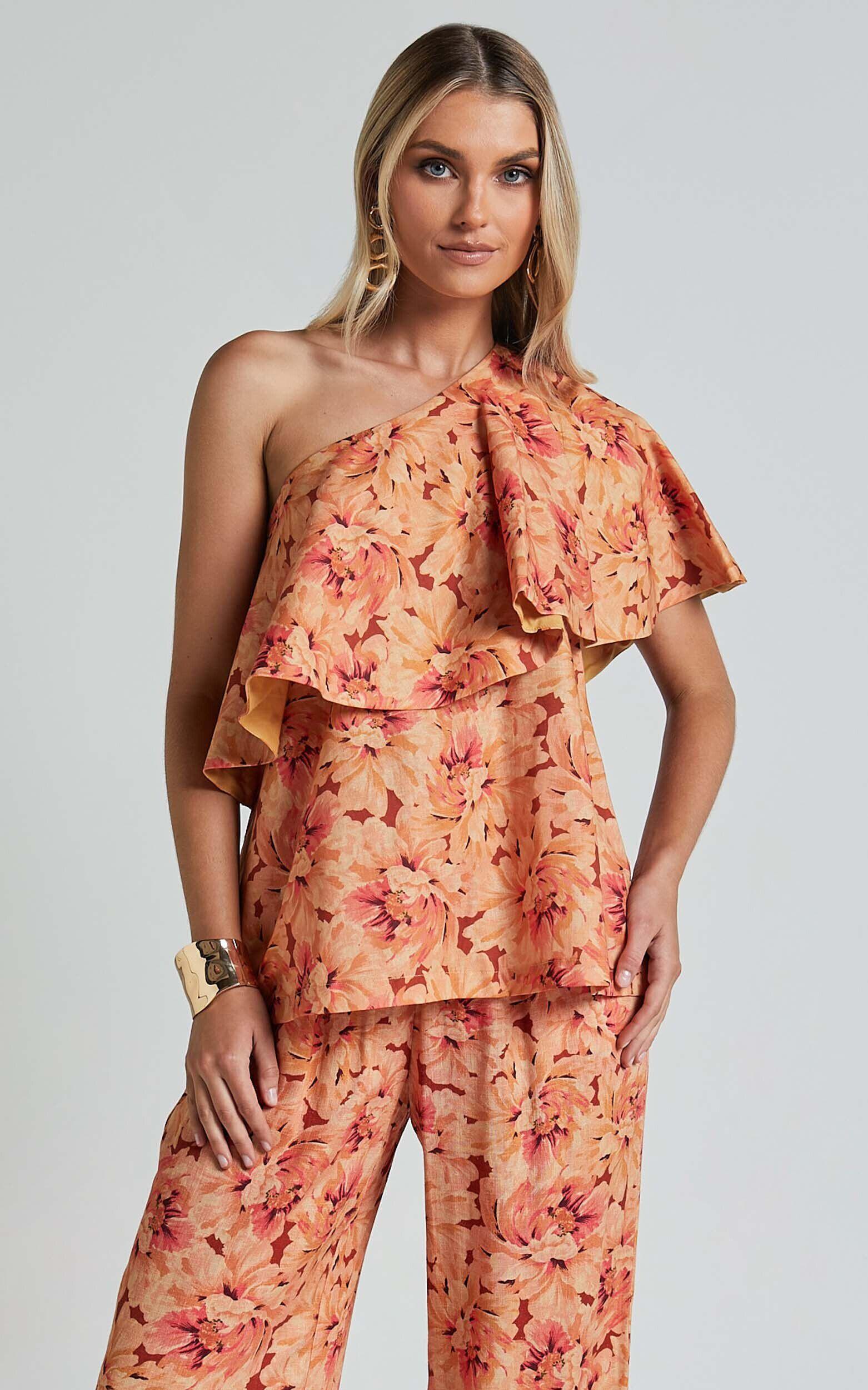 Amalie The Label - Aiko Linen Look Blend One Shoulder Frill Top in Valencia Print Product Image