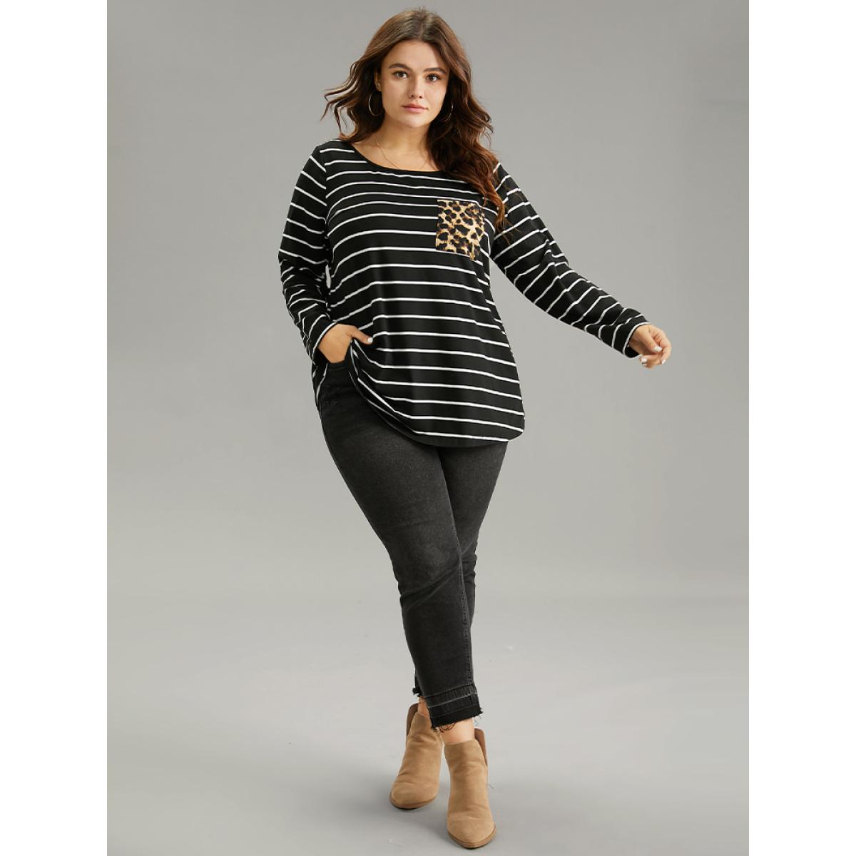 Plus Size Leopard Striped Patchwork Contrast Pocket T-shirt Black Women Casual Contrast Leopard Round Neck Dailywear T-shirts BloomChic 12/L Product Image