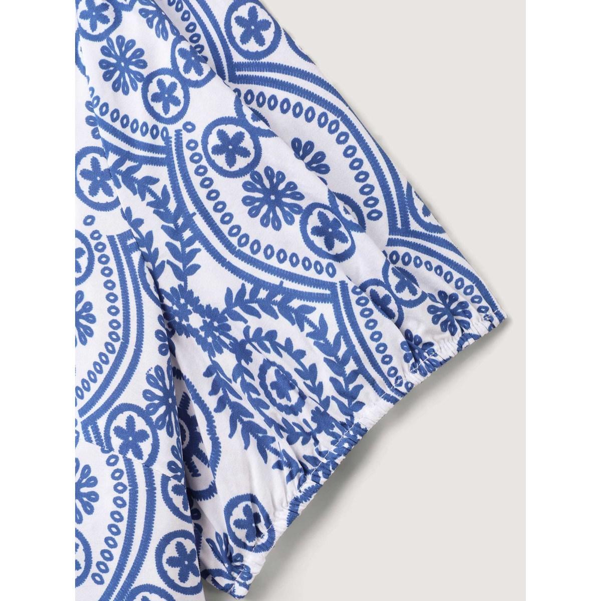 Plus Size DarkBlue Boho Print Toothpick Pleat Blouse Women Short sleeve Round Neck Vacation Blouses BloomChic 10/M Product Image