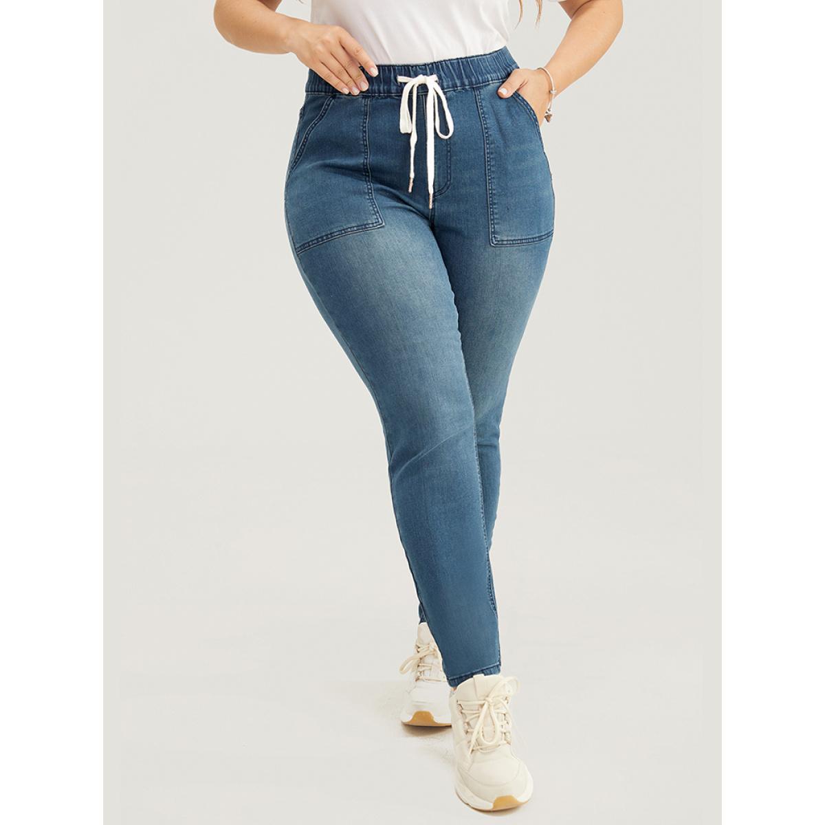 Plus Size Slightly Stretchy High Rise Dark Wash Drawstring Jeans Women DarkBlue Casual Plain Pocket Low stretch Pocket Jeans BloomChic 20/2X Product Image
