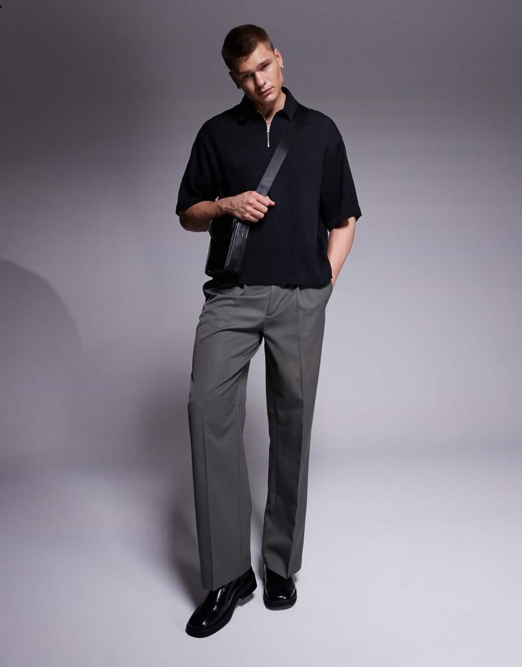 ASOS DESIGN overhead boxy plisse regular shirt in black Product Image