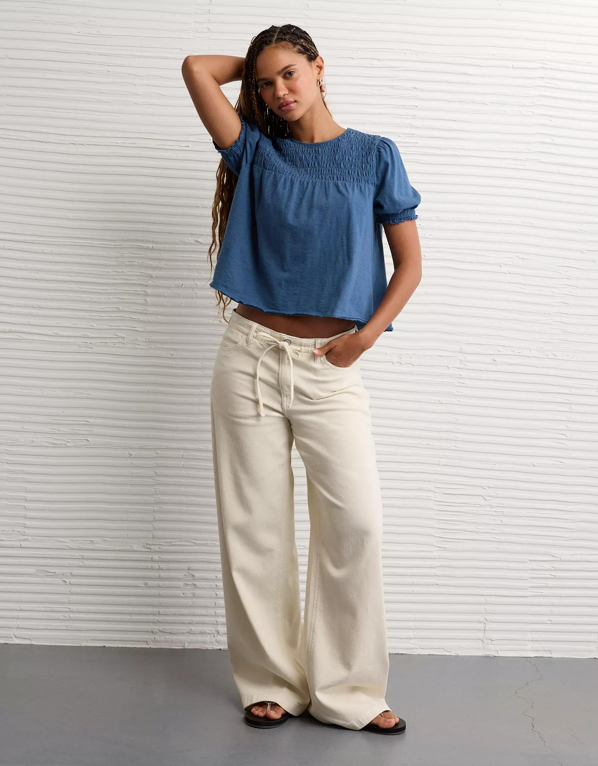 AE Sunchaser High Neck Puff Sleeve Smocked T-Shirt Product Image