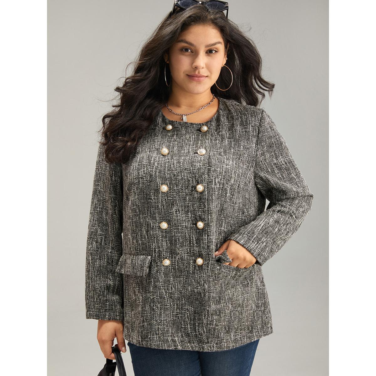 Plus Size Tweed Plisse Double Breasted Flap Pocket Coat Women Black Casual Texture Ladies Dailywear Winter Coats BloomChic 10/M Product Image