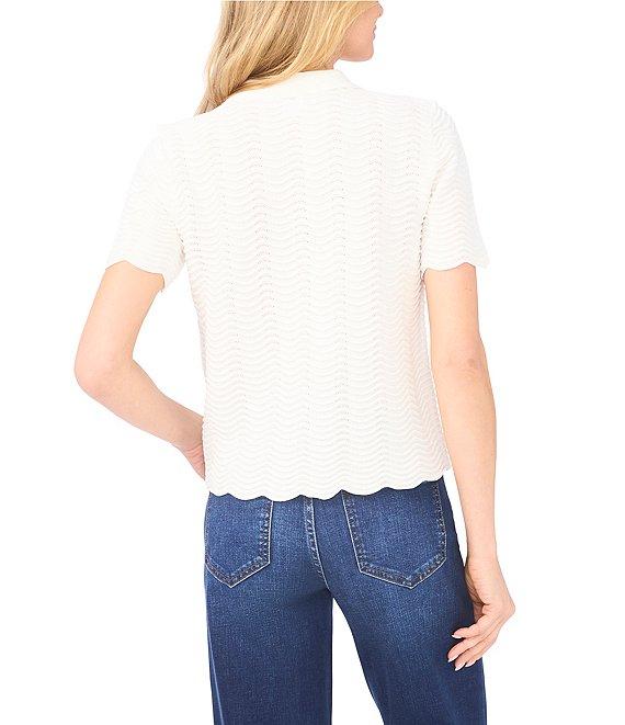 CeCe Knit Point Collar Short Sleeve Scalloped Embellished Button Polo Top Product Image
