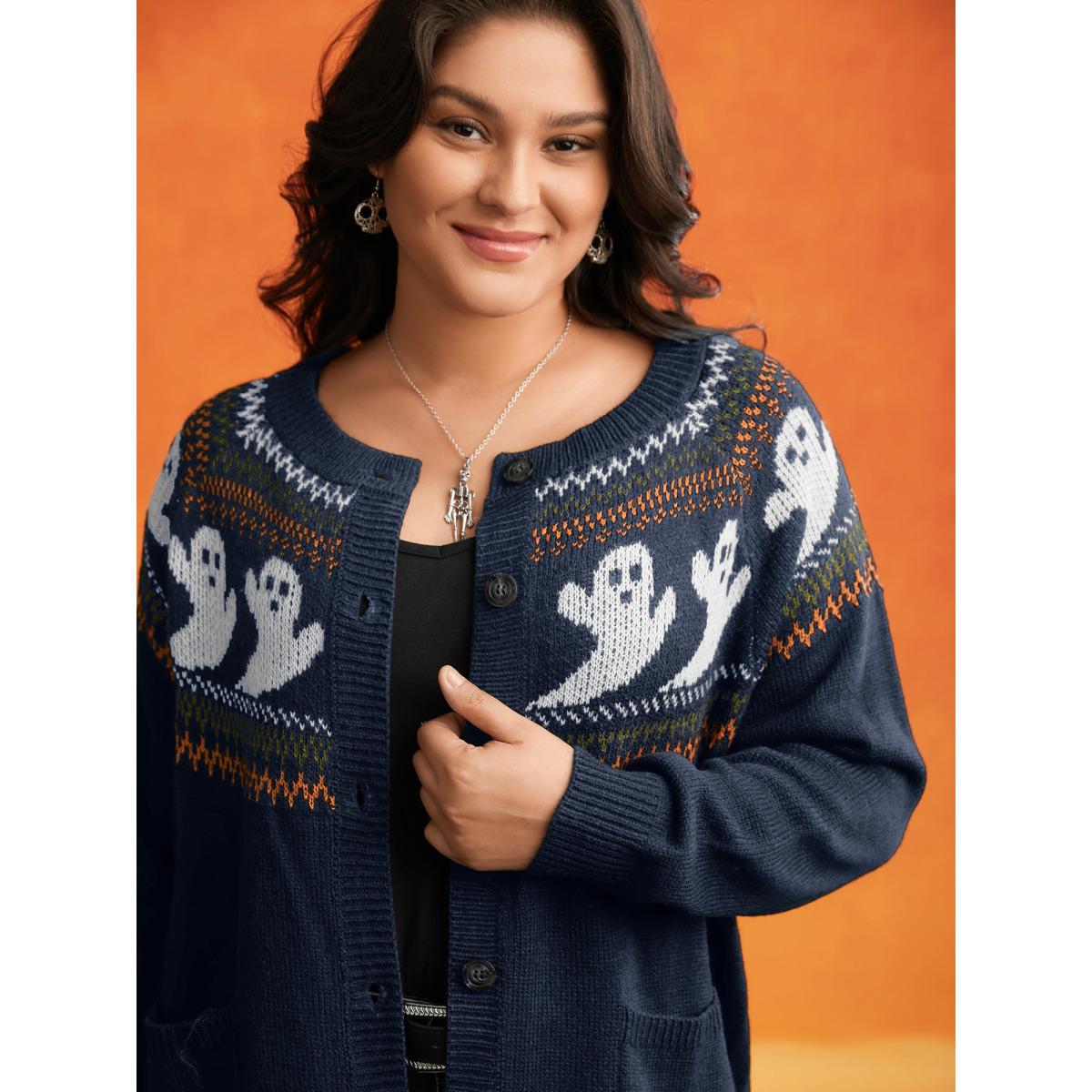 Plus Size Ghostly Fair Isle Button-Up Cardigan Indigo Women Casual Long Sleeve Everyday Cardigans BloomChic 30/6X Product Image
