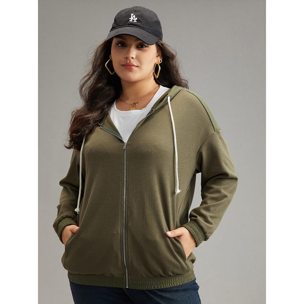Plus Size Waffle Knit Hooded Drawstring Sweatshirt Women ArmyGreen Casual Plain Loose Hooded Dailywear Sweatshirts BloomChic 26/4X Product Image