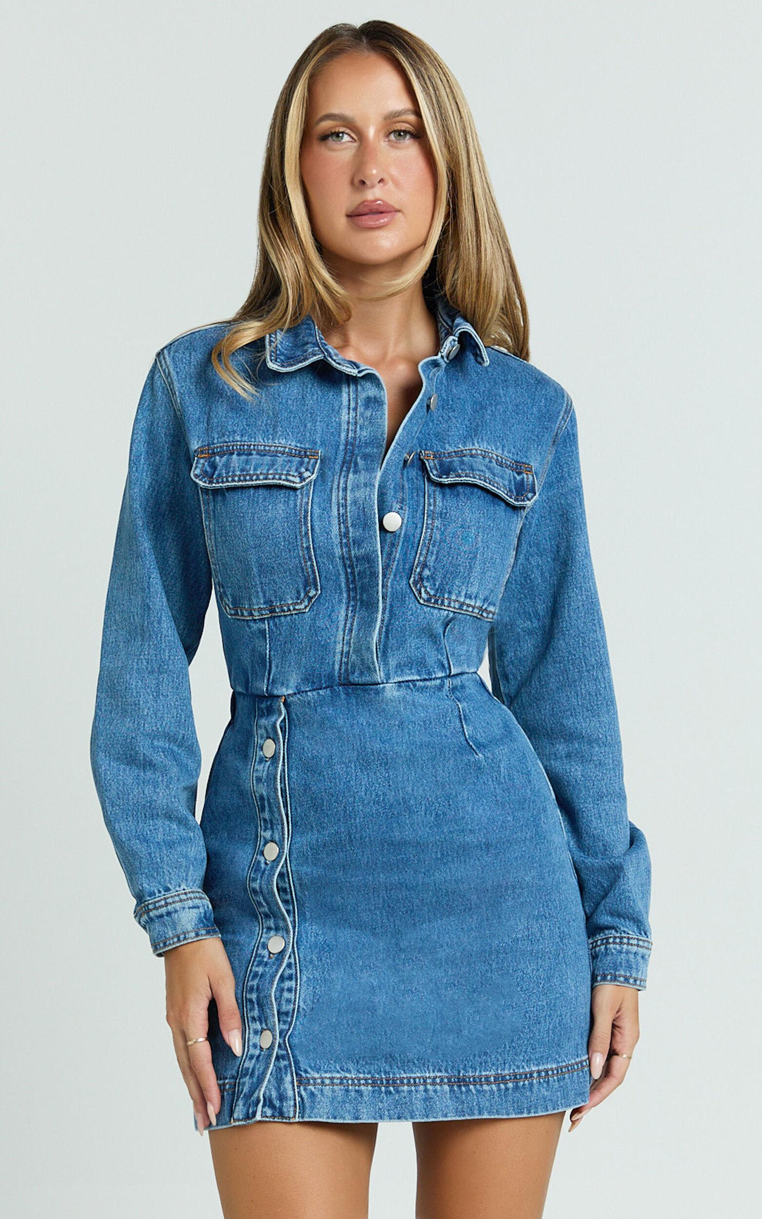 Ainsley Mini Dress - Button Through Long Sleeve Denim Dress in Mid Blue Wash Product Image