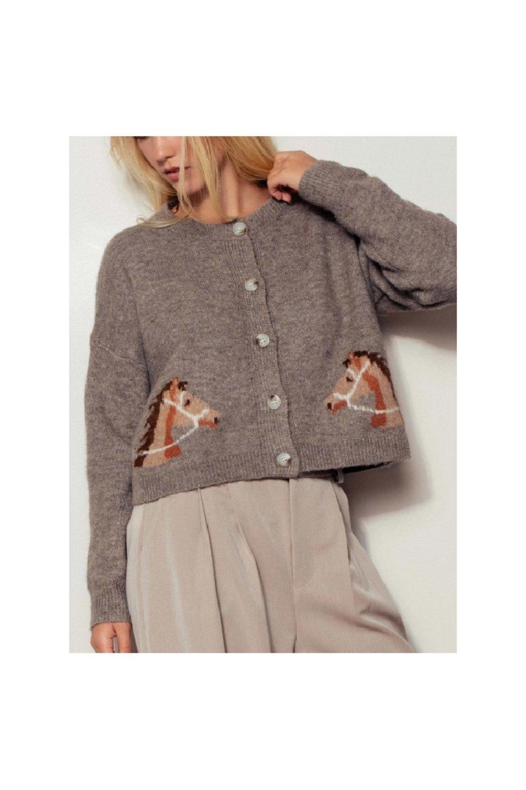 Western Horse Graphic Ribbed Trim Crew Neck Cardigan Product Image