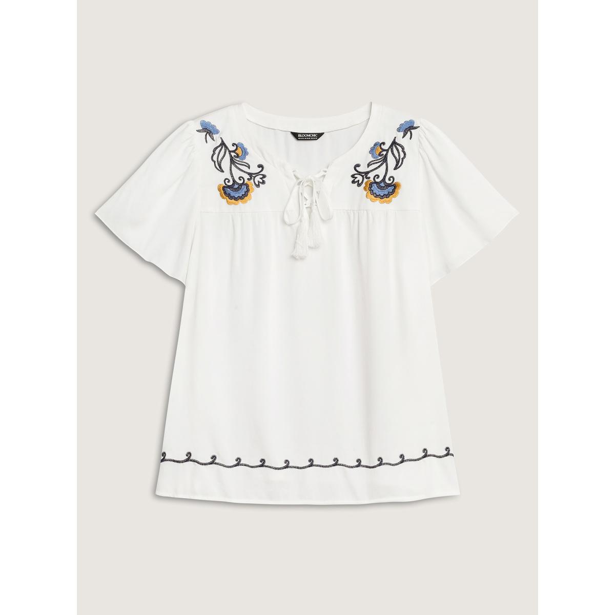 Plus Size Ivory Floral Embroidered Cross-Tie Neck Blouse Women Short sleeve Notched collar Vacation Blouses BloomChic 18-20/2X Product Image