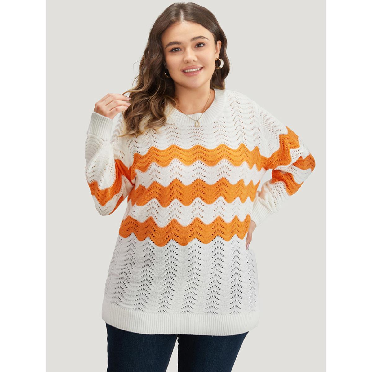 Plus Size Two Tone Eyelet Drop Shoulder Pullover Orange Women Casual Bodycon Long Sleeve Round Neck Dailywear Pullovers BloomChic 28/5X Product Image