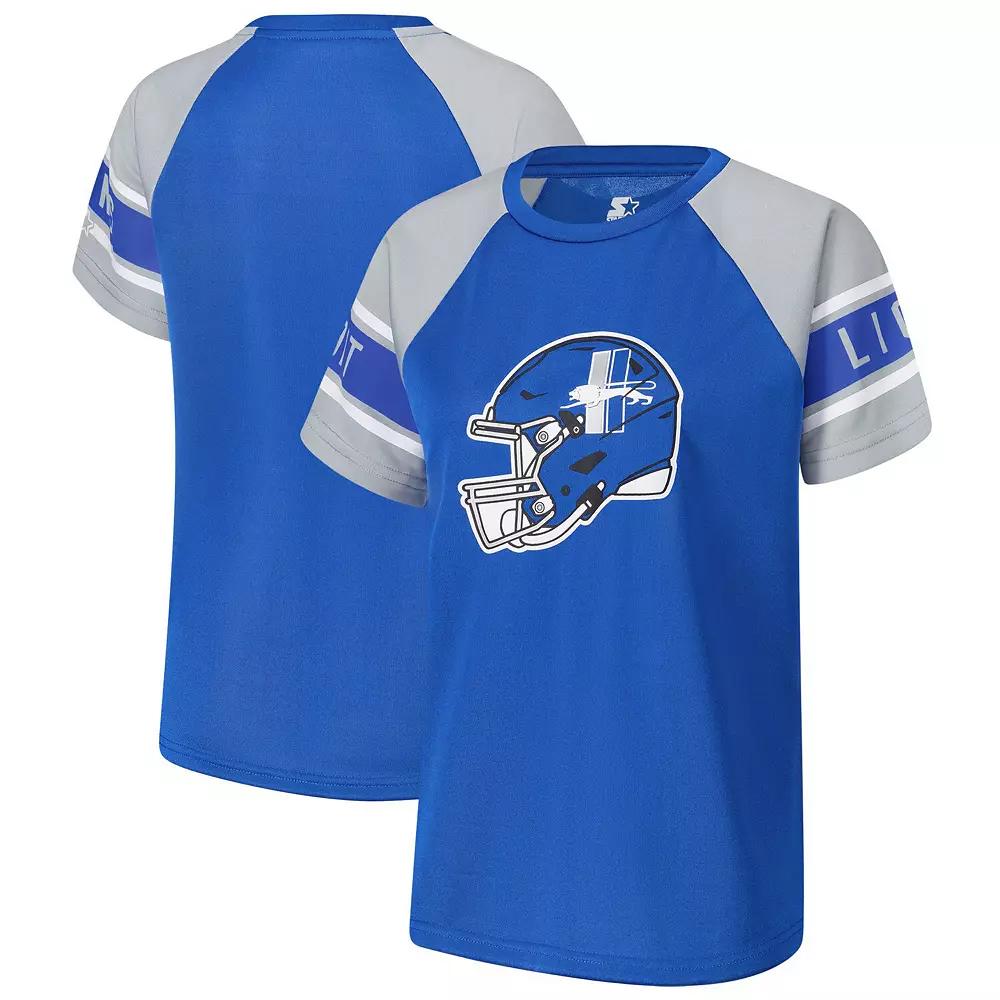 Women's Starter Blue Detroit Lions 1st Rounder Color Block Raglan Top,  Product Image