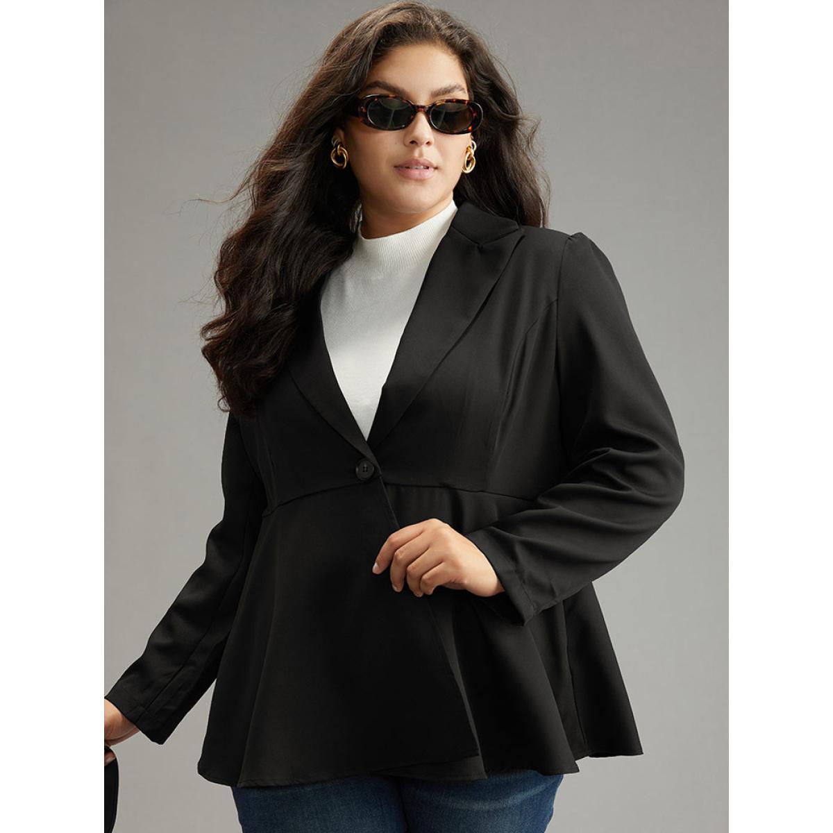 Plus Size Plain Button Up Ruffles Blazer Black Women Work Plain Plain Sleeve Long Sleeve Suit Collar 10/M Office Blazers BloomChic Product Image