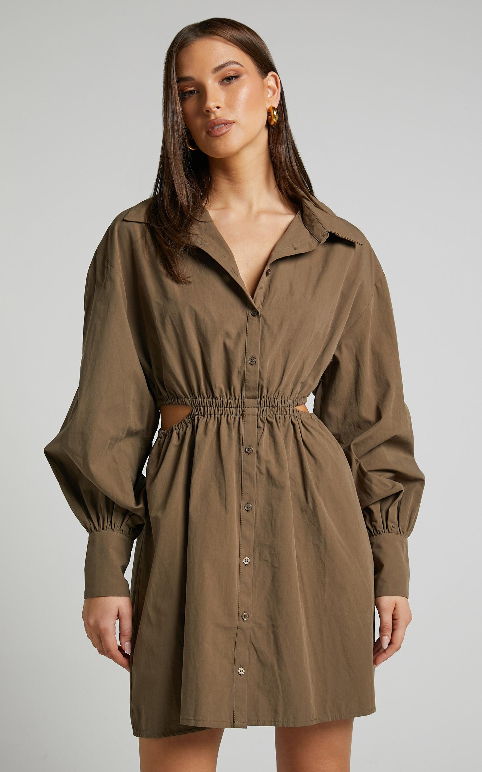 Jiah Dress - Side Cut Out Mini Shirt Dress in Khaki Product Image