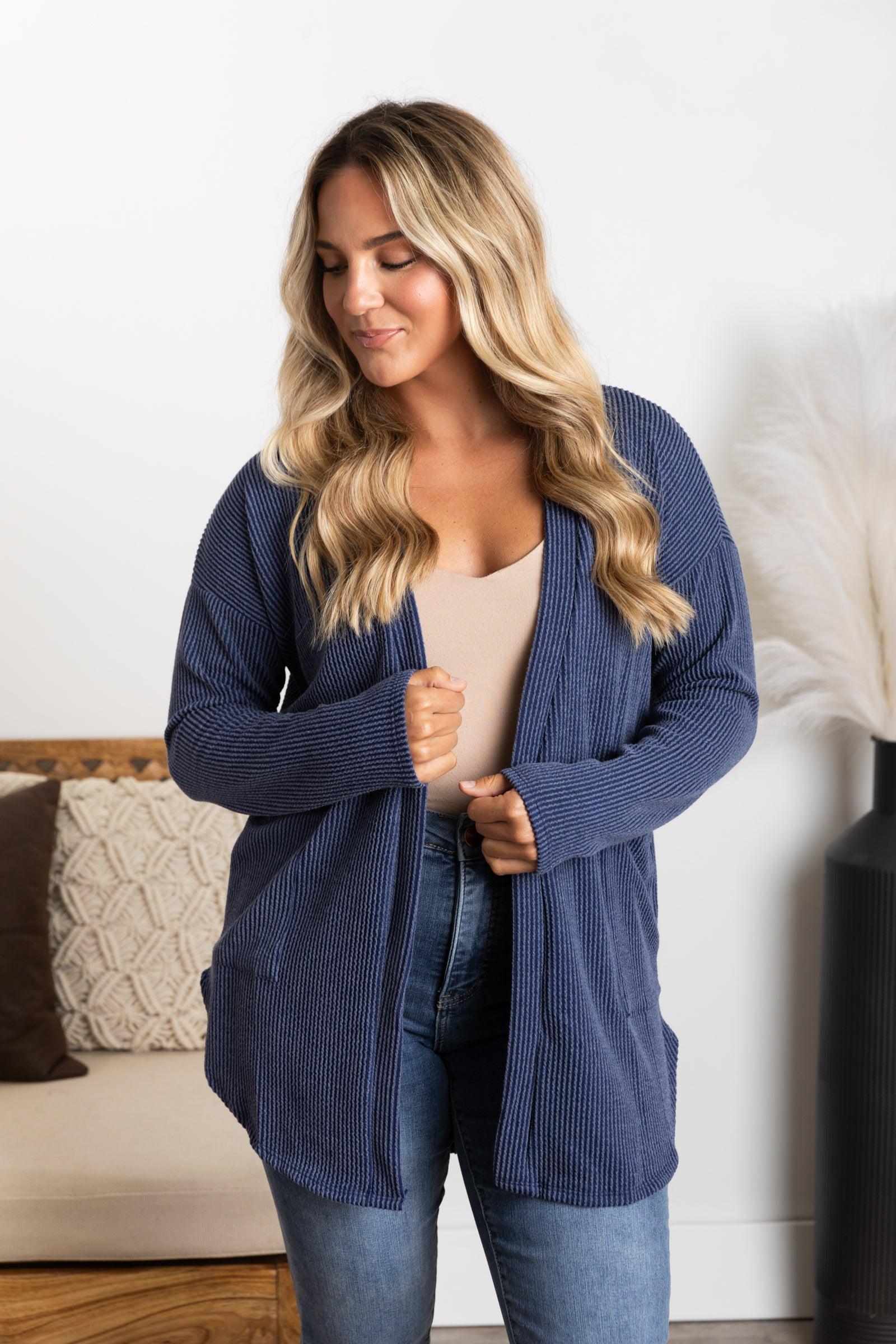 Solid Ribbed Cardigan With Pockets Product Image