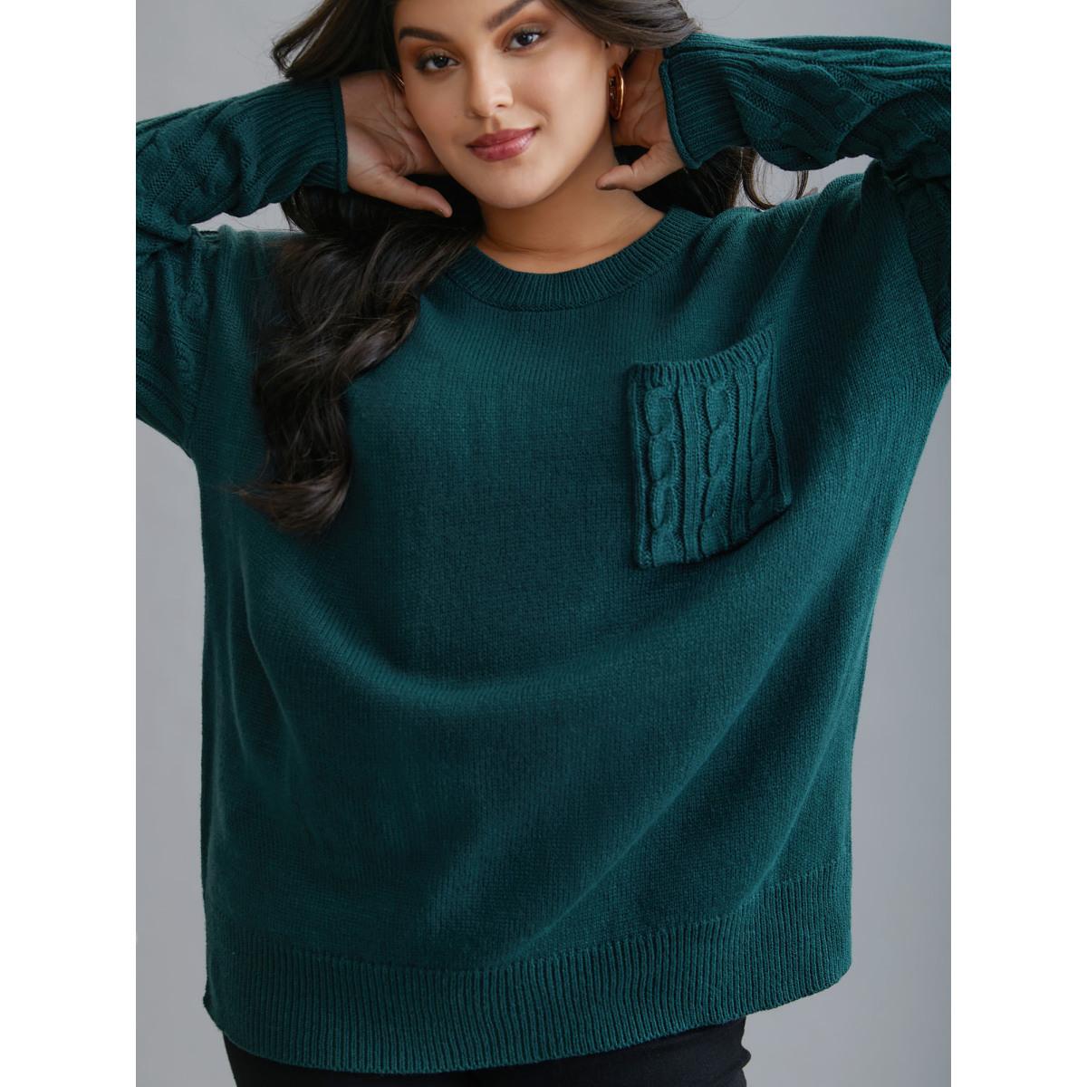 Plus Size Cable Knit Sleeve Chest Pocket Pullover Cyan Women Casual Loose Long Sleeve Round Neck Everyday Pullovers BloomChic 30/6X Product Image