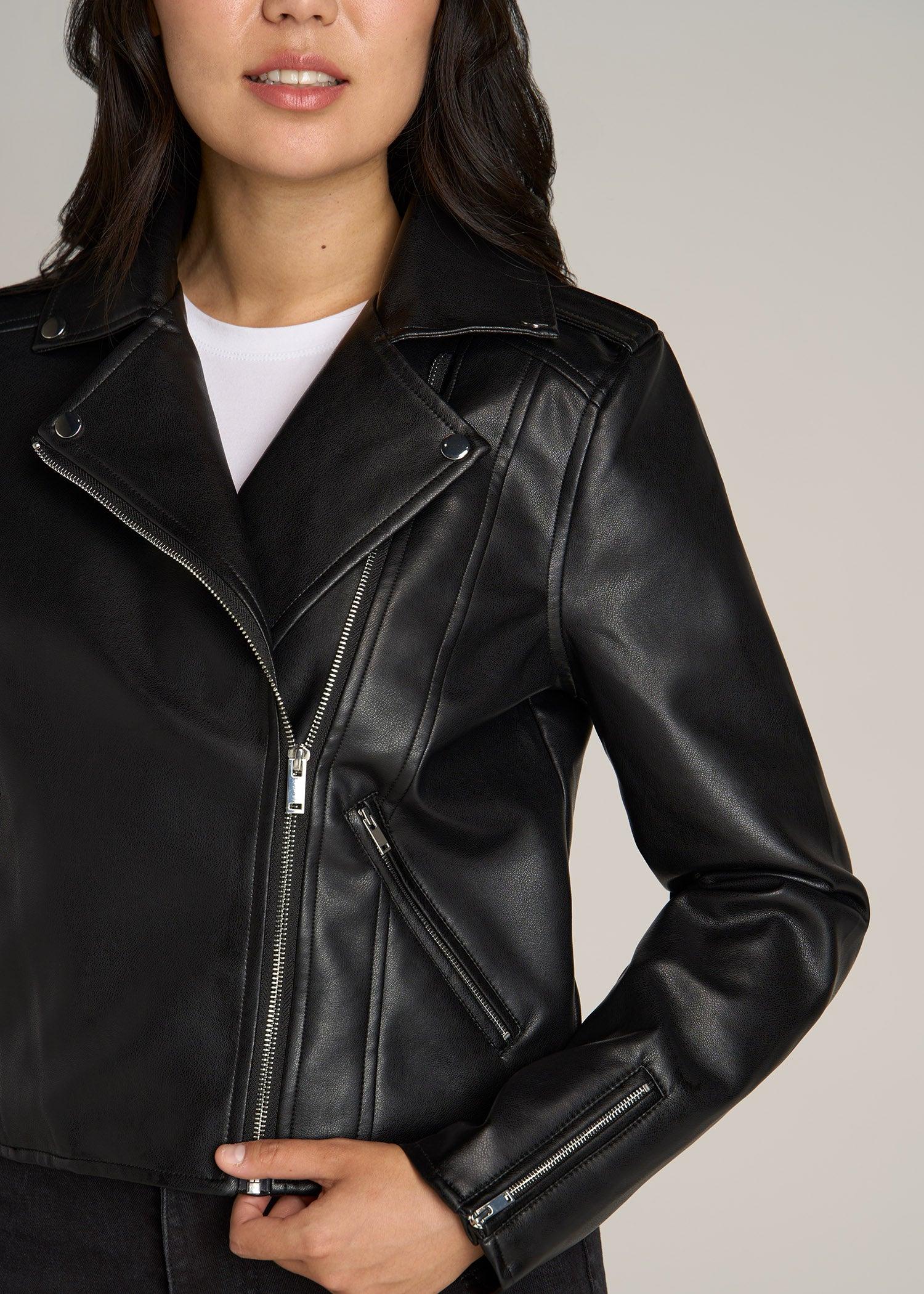 Cropped True Touch Leather Moto Jacket for Tall Women in Black Female Product Image