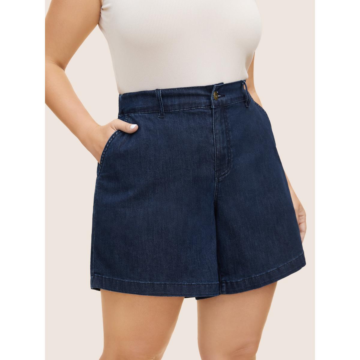 Plus Size Dark Wash Slanted Pocket Loose Denim Shorts Women Denimindigo Button Medium stretch Everyday Slanted pocket Casual Denim Shorts BloomChic 12/L Product Image