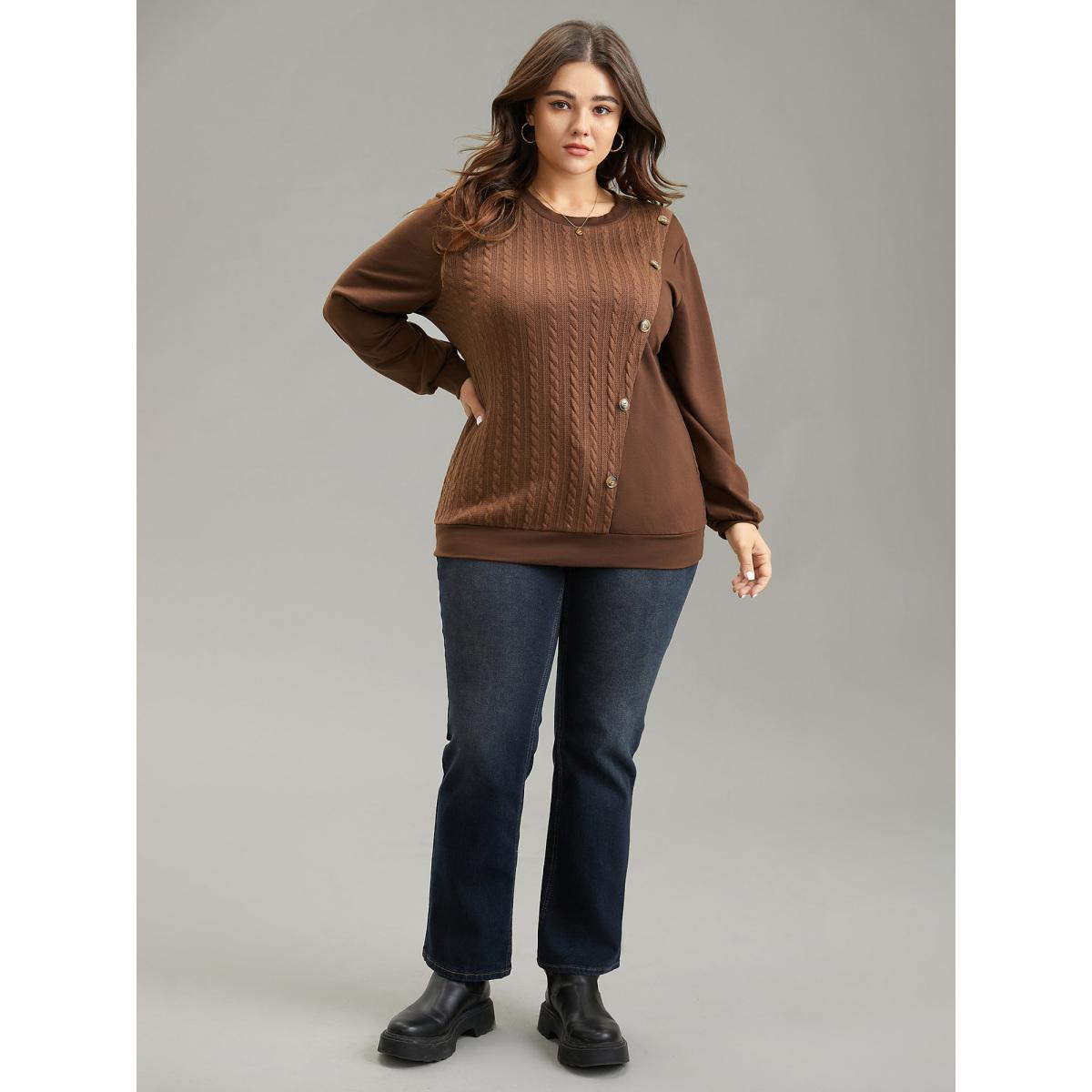 Plus Size Plain Textured Patchwork Button Detail Sweatshirt Women DarkBrown Casual Texture Round Neck Dailywear Sweatshirts BloomChic 18-20/2X Product Image