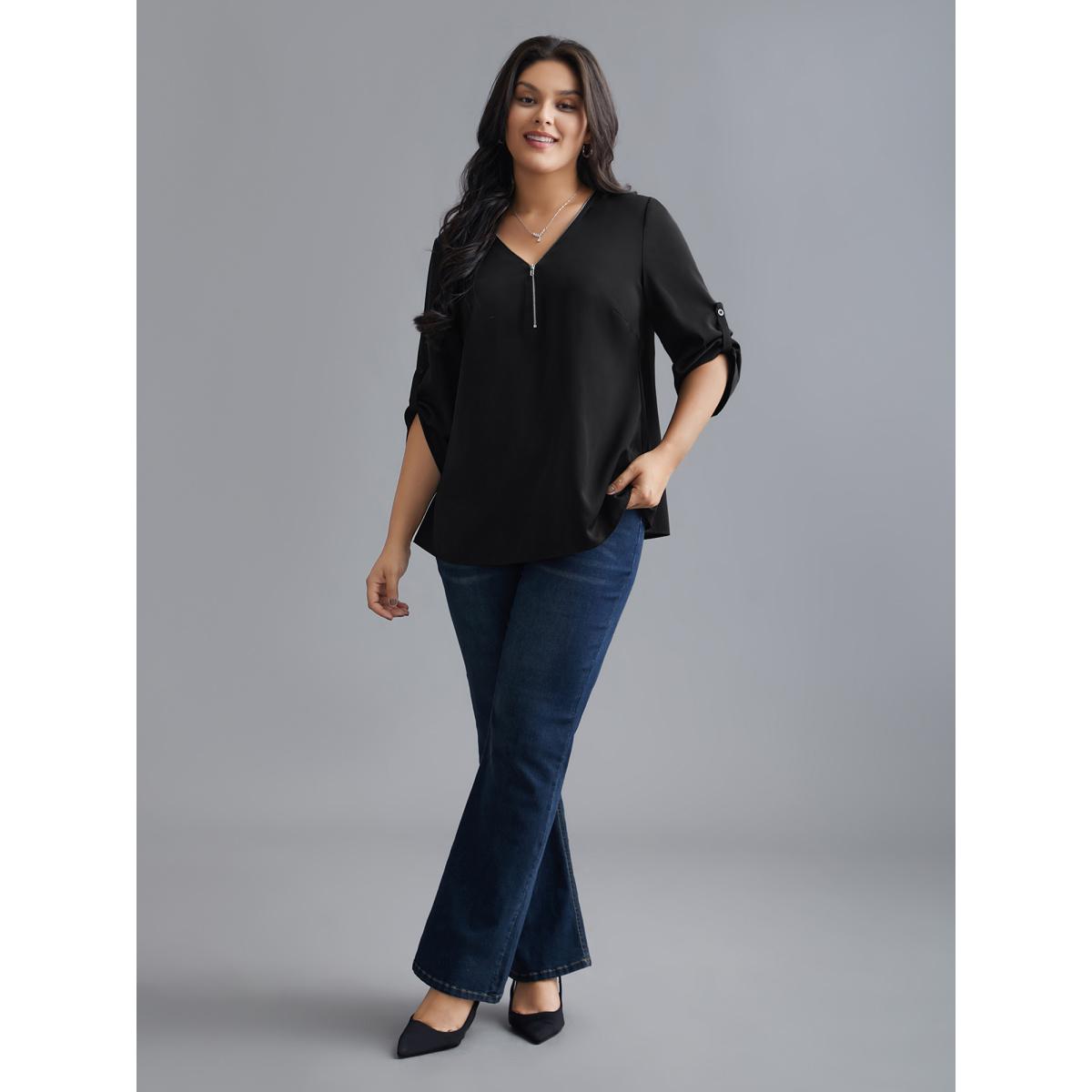 Plus Size Black Plain V Neck Half Zip Tab Sleeve Blouse Women Leisure Elbow-length sleeve V-neck Casual Blouses BloomChic 30/6X Product Image