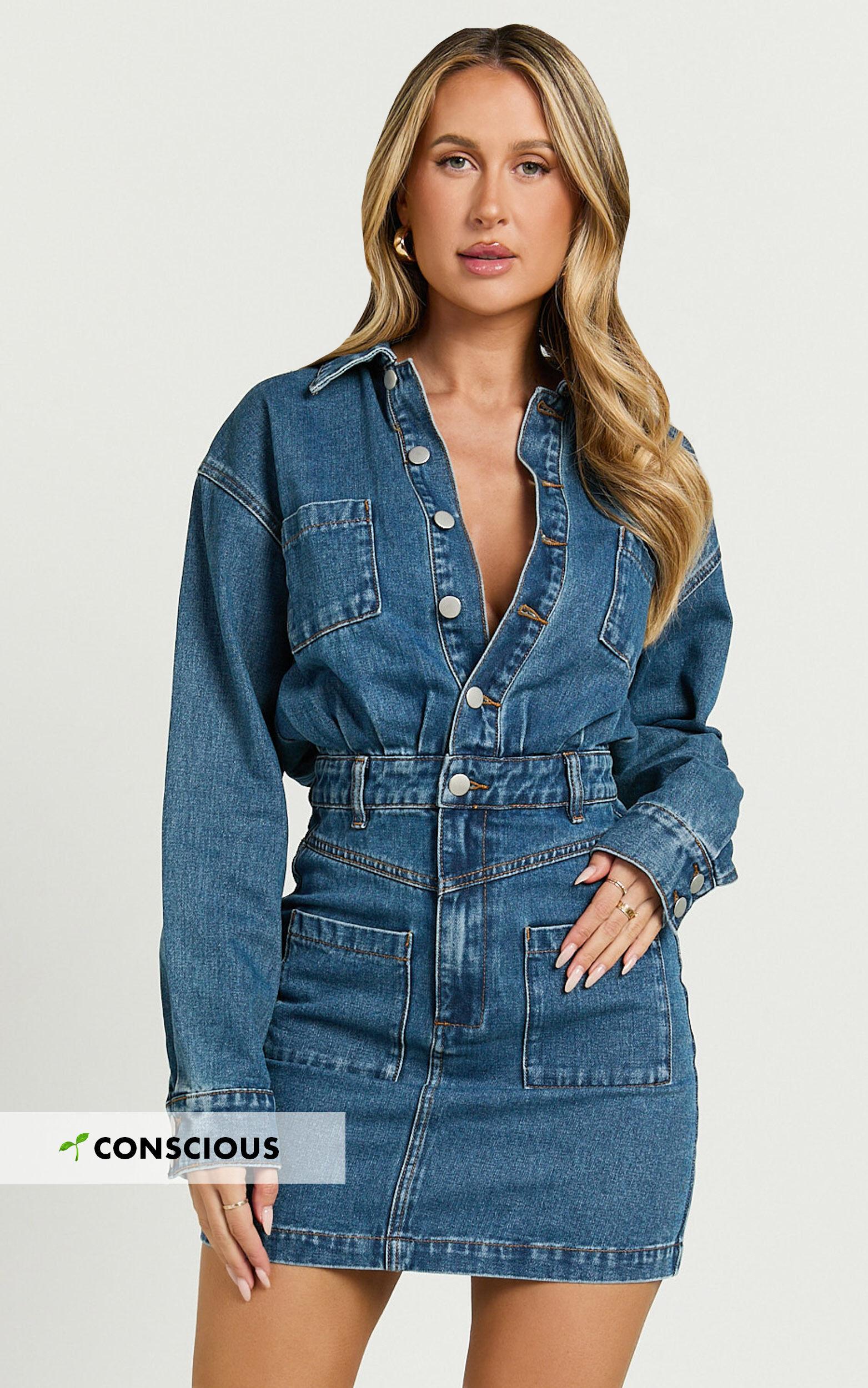 Kamala Mini Dress - Long Sleeve Button Through Denim Dress in Dark Blue Wash Product Image