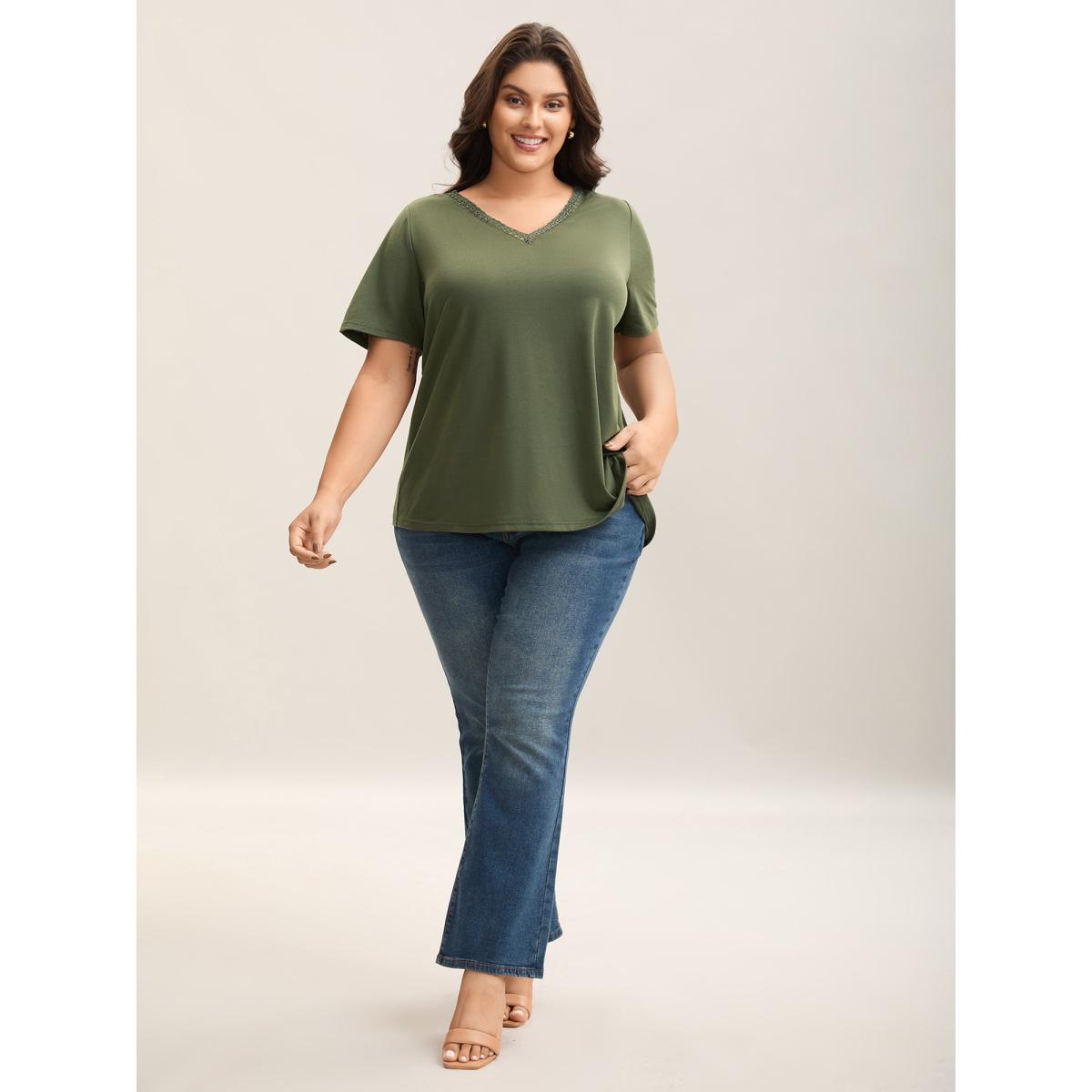 Plus Size Stretchy Floral Back Cut-Out T-Shirt ArmyGreen Women Elegant Woven ribbon&lace trim V-neck Everyday T-shirts BloomChic 14-16/1X Product Image