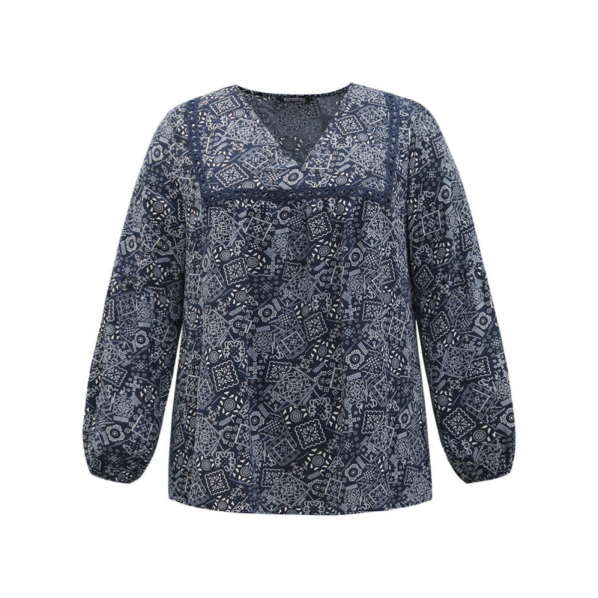 Plus Size Indigo Bandana Lace Insert Lantern Sleeve Blouse Women Resort Long Sleeve V-neck Vacation Blouses BloomChic 10/M Product Image
