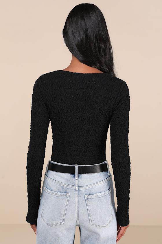 Easy Selection Black Textured Long Sleeve Notch Neck Bodysuit Product Image