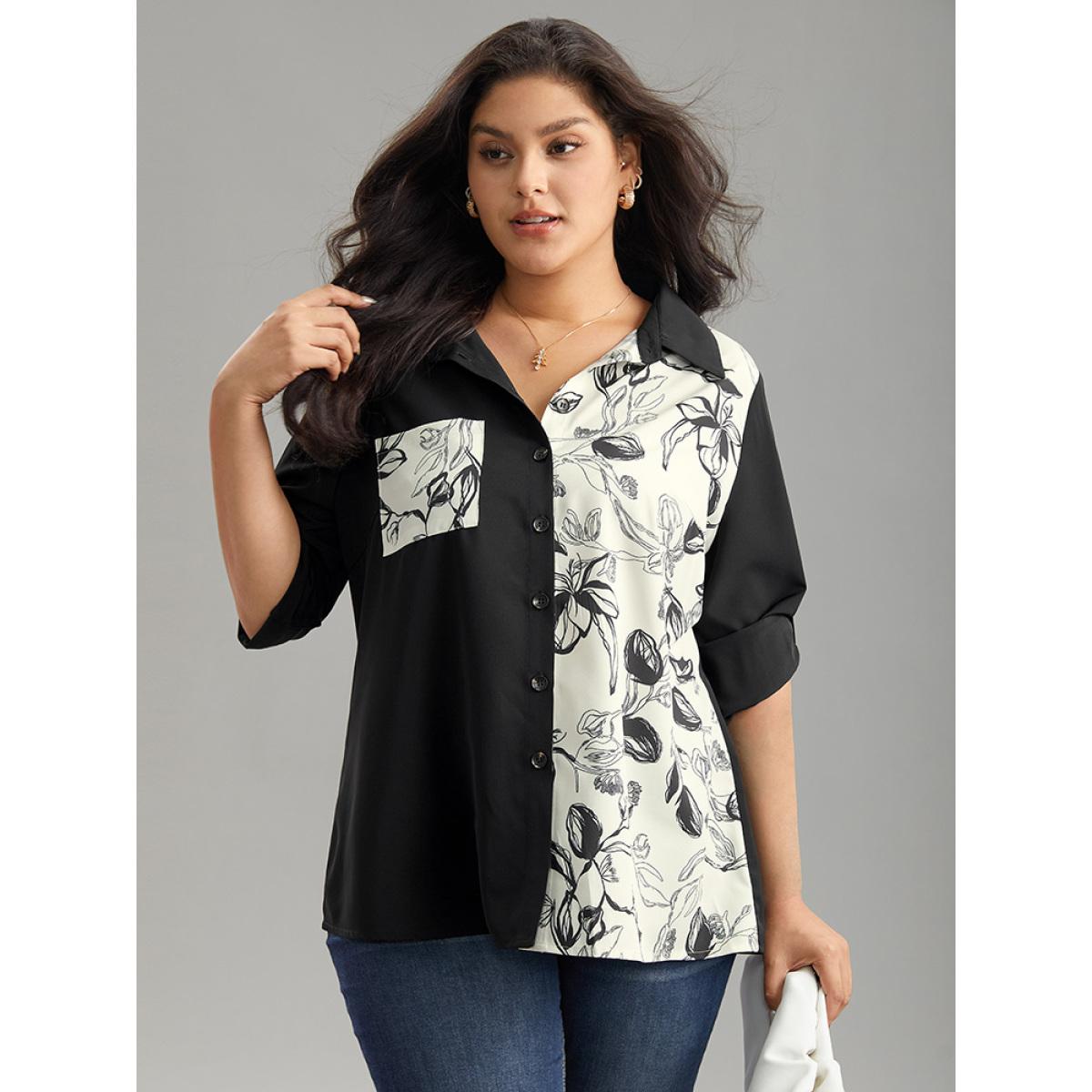 Plus Size Black Silhouette Floral Print Twill Shirt Collar Contrast Blouse Women Office Long Sleeve Shirt collar Work Blouses BloomChic 12/L Product Image