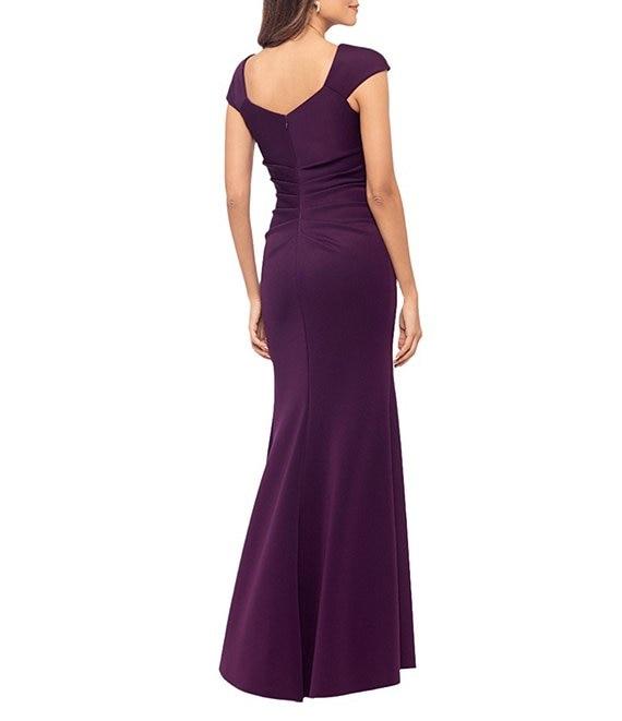 Xscape Asymmetrical Neckline Cap Sleeve Ruched Scuba Crepe Sheath Gown Product Image