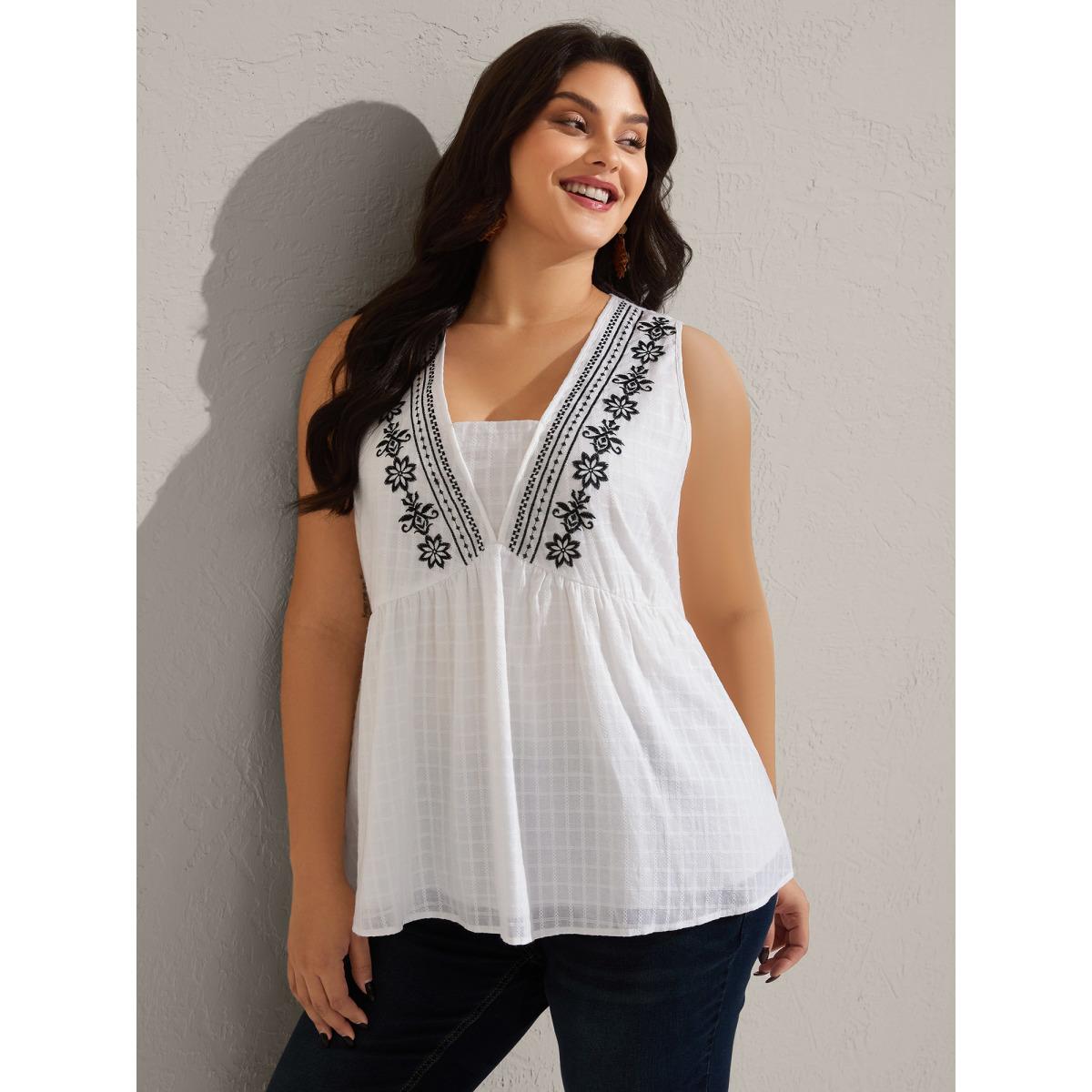 Plus Size Pure Cotton Jacquard Embroidered Tank Top Women WhiteSmoke Boho Texture Square Neck Vacation Tank Tops Camis BloomChic 30/6X Product Image